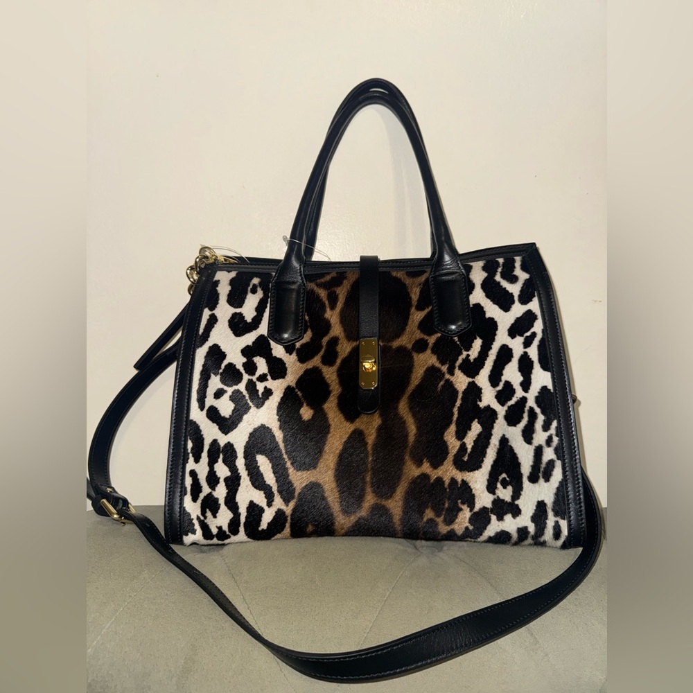 Cavalcanti calf hair genuine black leather leopard print Italian large bag